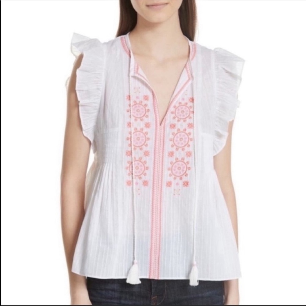 Kate Spade Embroidered Tassel Smocked Boho Blouse White Pink Medium NWT
